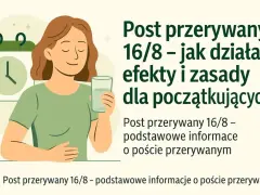 Kobieta z uśmiechem pije wodę, obok kalendarz i zegar. Post przerywany 16/8 – jak zacząć.