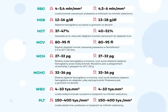 Tabela z normami parametrów krwi: RBC, HGB, HCT, MCV, MCH, MCHC, WBC, PLT. Wyniki te pomagają ocenić m.in. poziom wapnia we krwi.